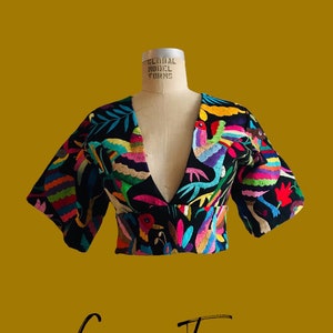 Deep V neck Otomi corset top Hand embroidered by #Otomi women. Crop top Bell Sleeve - Otomi blouse  Multicolor PLAYA BALANDRA BLACK