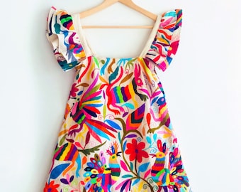 CUERNAVACA Otomi multicolor Dress. Hand embroidery. Layered Ruffle Sleeve. Sexy Short length