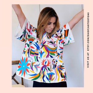 Otomi Blouse Hand embroidered by #Otomi women. Neutral and multicolor embroidery - Otomi blouse  - Mexican Blouse