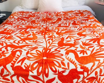 Unique Orange Color Otomi Bedspread, Tablecloth  #OrangeTenango #OrangeQuilt, #Orange embroidery, Orange Blanket, Bedding.Hand embroidered