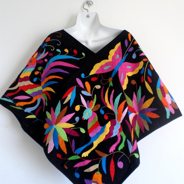 Gorgeous Hand embroidered Black Multicolor #OTOMI Poncho (Also known as Huipil). Unique hand made by indigenous women. MadeToOrder