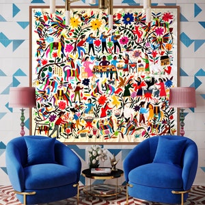 RANCHO GRANDE Otomi Multicolor hand embroidered Wall Art | handmade by Otomi women #WallDecor 70x74”&quot; | Also used as Bedspread or Tablecloth