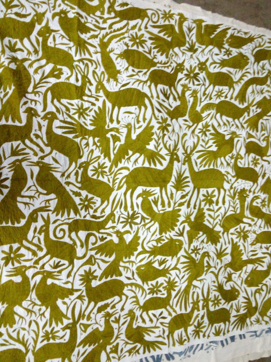 Wow Olive Green Otomi Bedspread, Otomi Tablecloth green Tenango quilt