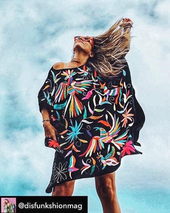 sachin and babi light blue dress As Featured in Disfunkshional Magazine Instagram Account -Hand Embroidered Poncho Black Multicolor #Otomi. One Size Fits All