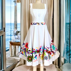 Splendid Midi Length Semi Circular White and multicolor Otomi dress “Mar de Cortez II” with straps hand embroidery