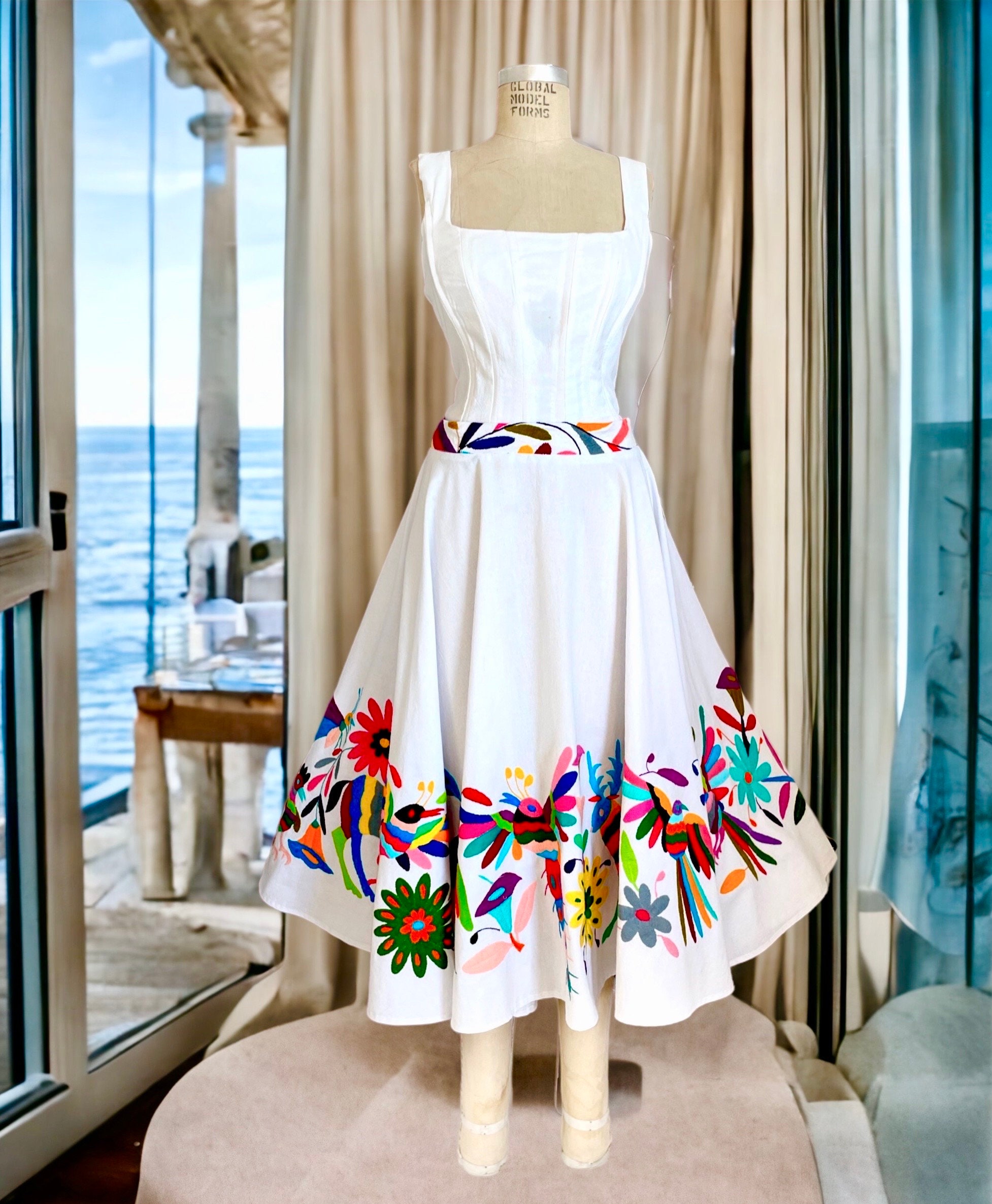 Splendid Midi Length Semi Circular White and Multicolor