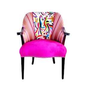 Maria Bonita Otomi Wood arm Chair Hand embroidered by Otomi indigenous. Multicolor.Pink Velvet. Cowhide hair on hide. Silver Nailhead Trim image 1