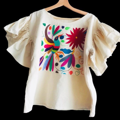 PAJARO Y FLOR blouse otomi manches volantées coupe ample blanc cassé multicolore