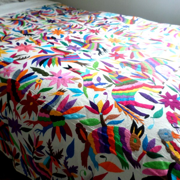 SOLD sold sold.Multicolorc Otomi fabric #Multicolor hand embroidered by Otomi women worldwideknown as #Tenangos. #otomiquilt 74"X73"
