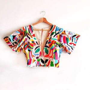 Deep V neck Otomi corset top Hand embroidered by #Otomi women. Crop top Bell Sleeve - Otomi blouse  Multicolor PLAYA BALANDRA