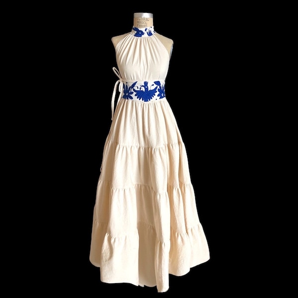 Stunning Maxi Elegant halter Otomi Dress accents hand embroidered in cobalt blue | LAS OLAS