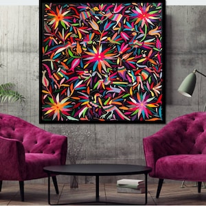 LA BELLA FLOR (The beautiful Flower) Otomi textile Black and multicolor 39" W 28" H. Hand embroidery - Frame sold separately