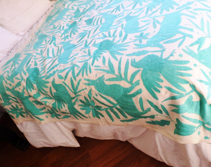 Pale Nairobi Blue Otomi Bedspread, Otomi Tablecloth bluetenango