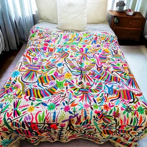 VIDA RURAL Multicolor hand embroidery  #otomi textile. Quilt Coverlet Upgrade it to a Duvet or Wall Art - framing not available