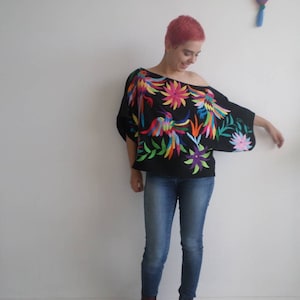 Beautiful Otomi Blouse Hand embroidered by #Otomi women. Black blouse  multicolor embroidery. Model "M’üi" or "Life" in Otomí