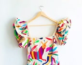 PENINSULA Otomi multicolor BLOUSE. Hand embroidery. Layered Ruffle Sleeve.