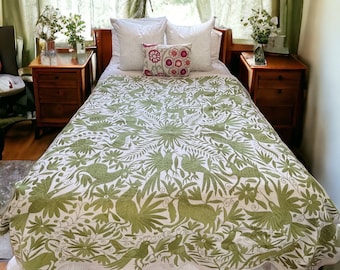 Olive Green Otomi Bedspread, hand embroidered Mexican Bed cover, Otomi Duvet, Mexican Duvet, Green Duvet cover, Mexican Bedding, Boho Muslin
