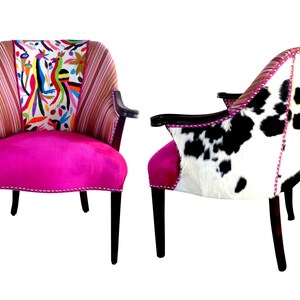 Maria Bonita Otomi Wood arm Chair Hand embroidered by Otomi indigenous. Multicolor.Pink Velvet. Cowhide hair on hide. Silver Nailhead Trim image 2