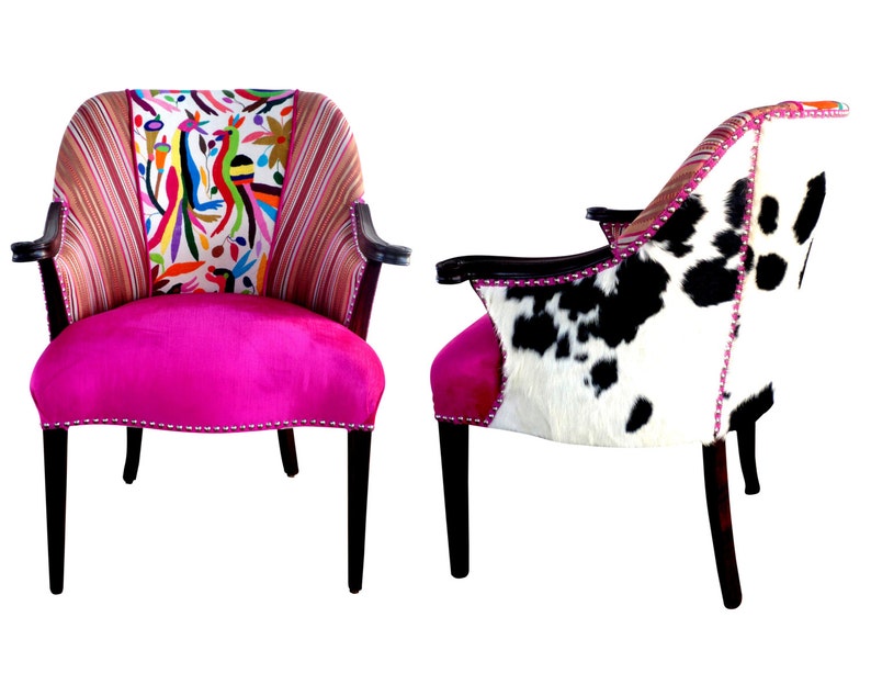 Maria Bonita Otomi Wood arm Chair Hand embroidered by Otomi indigenous. Multicolor.Pink Velvet. Cowhide hair on hide. Silver Nailhead Trim image 2