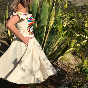 Otomi off shoulder Dress TLAQUEPAQUE handembroidery by Otomi women. 100% cottonMuslin. image 9