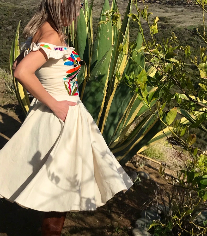 Otomi off shoulder Dress TLAQUEPAQUE handembroidery by Otomi women. 100% cottonMuslin. image 9