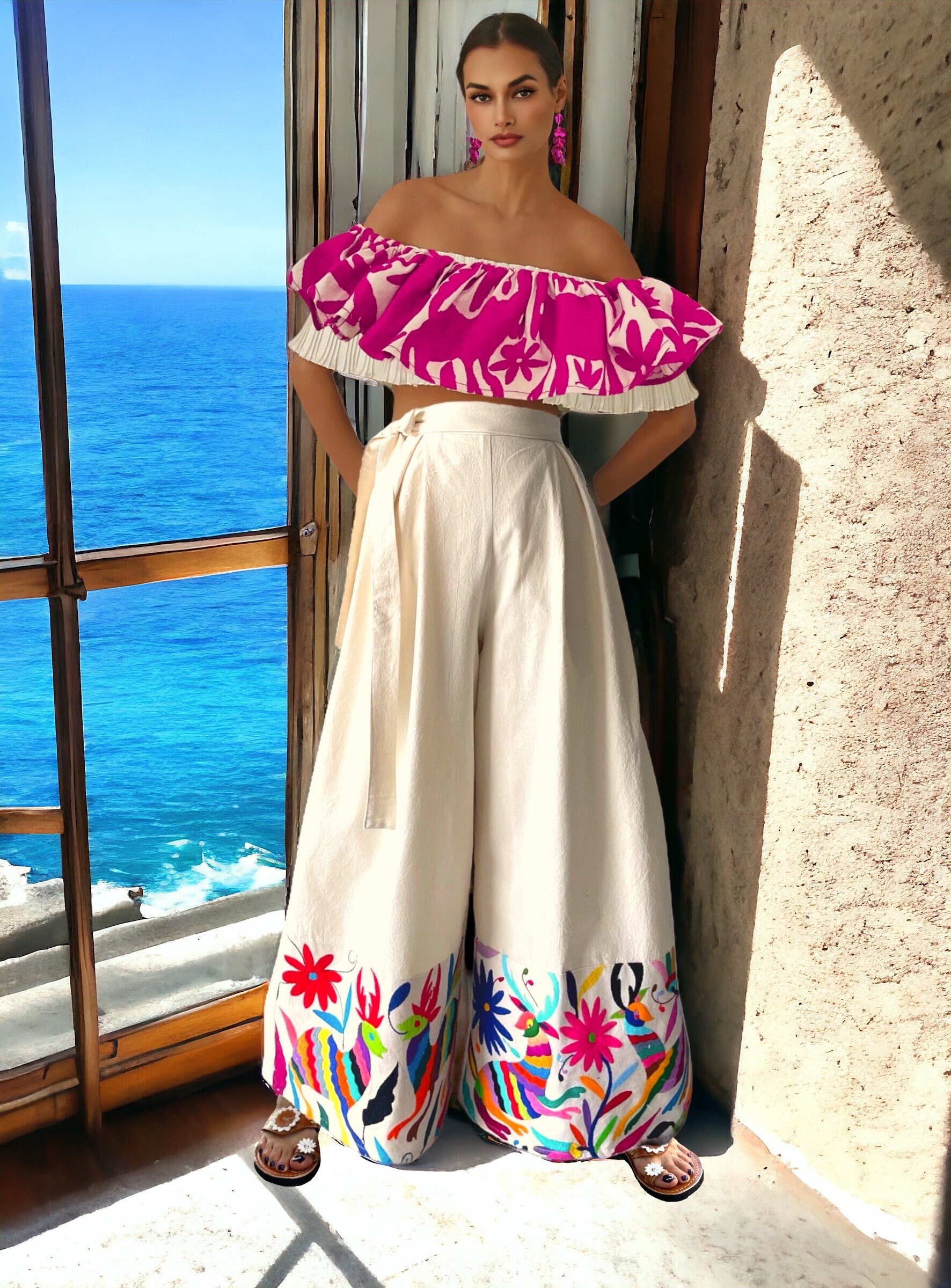 Multicolor Otomi One Size Fits Most Wide Leg Palazzo Pants