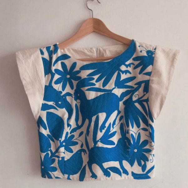 MESTIZA Otomi corset top Hand embroidered by #Otomi women. Crop top embroidery - Otomi blouse  - AZURE
