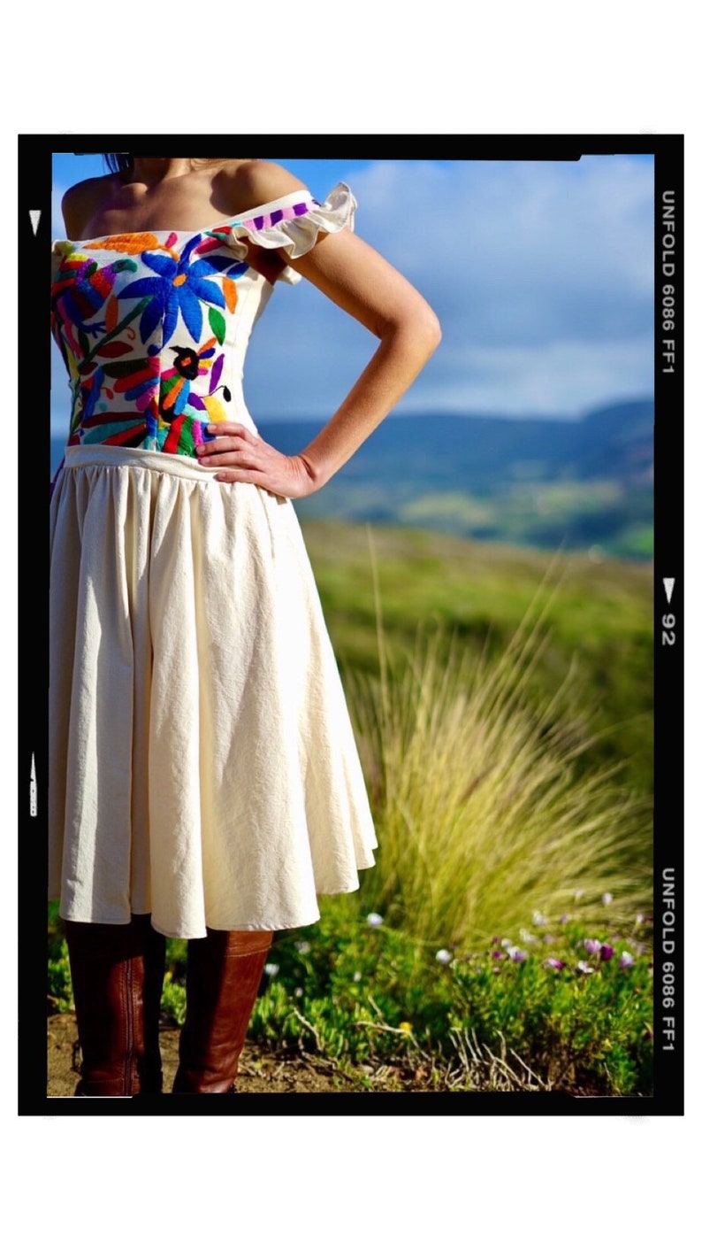 Otomi off shoulder Dress TLAQUEPAQUE handembroidery by Otomi women. 100% cottonMuslin. image 2