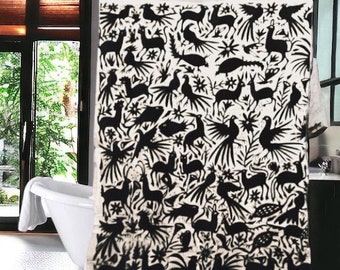 Black embroidery shower curtain boho | Hand embroidery Otomi whimsical Animals Flowers | Modern Maximalist | New Home Gift | Mexican Chic