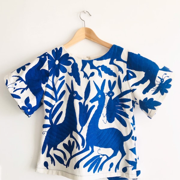 SOUL TIES Offwhite and blue embroidery - Otomi blouse  - Mexican Blouse