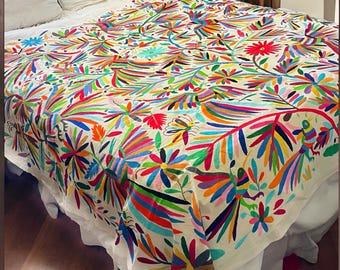 Handmade Otomi Embroidered Quilt: Mexican Suzani Coverlet, Multicolor Animals