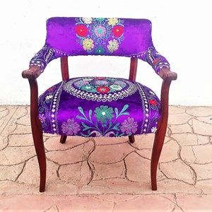 Mesmerizing Mid-Century Vintage Armchair, Violet Silk Suzani Velvet on Multicolor Silk Embroidery