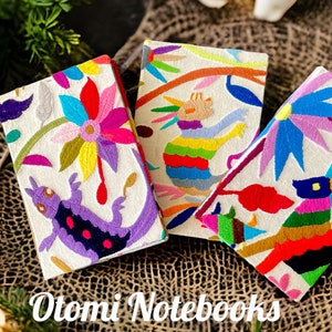 Otomi hand embroidered linen wrapped hard cover notebook A5 blank Recycled paper Handcrafted Journal Blank pages 50 pages image 1