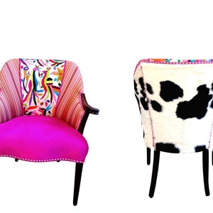 Maria Bonita Otomi Wood arm Chair Hand embroidered by Otomi indigenous. Multicolor.Pink Velvet. Cowhide hair on hide. Silver Nailhead Trim image 3