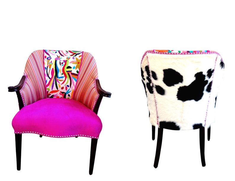 Maria Bonita Otomi Wood arm Chair Hand embroidered by Otomi indigenous. Multicolor.Pink Velvet. Cowhide hair on hide. Silver Nailhead Trim image 3