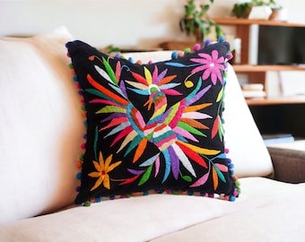 Otomi Pillow sham Multicolor 100% Linen-  hand embroidered by Otomi indigenous women. Price per each Pompoms - Birds