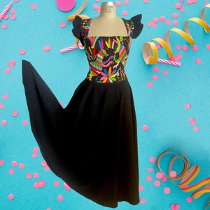 CINCO DE MAYO Otomi off shoulder Maxi Dress | Black Multicolor | Hand embroidery