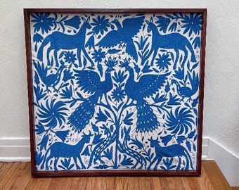 Blue Otomi Wall decor - Wall hanging otomi - Blue otomi fabric -  Hoidered by Otomi people. Wood Frame sold separatelyand embr