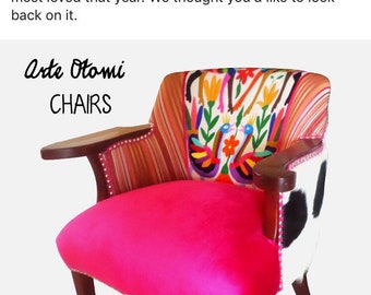 Most Loved since 2016 Maria Bonita - Otomi Wood arm Chair Hand embroidered by Otomi indigenous. Multicolor.Pink Velvet. Cowhide hair on hide