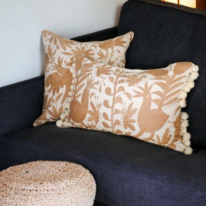 Otomi pillow shams Camel color hand embroidered Pom poms 18X18&quot; or kidney pillows