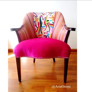 Maria Bonita Otomi Wood arm Chair Hand embroidered by Otomi indigenous. Multicolor.Pink Velvet. Cowhide hair on hide. Silver Nailhead Trim image 4