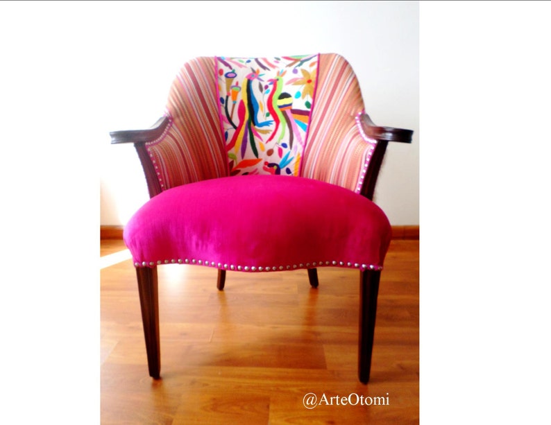 Maria Bonita Otomi Wood arm Chair Hand embroidered by Otomi indigenous. Multicolor.Pink Velvet. Cowhide hair on hide. Silver Nailhead Trim image 4