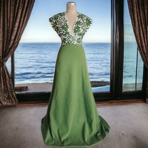 Green Otomi Embroidered Wedding Guest Dress | Deep V Neckline