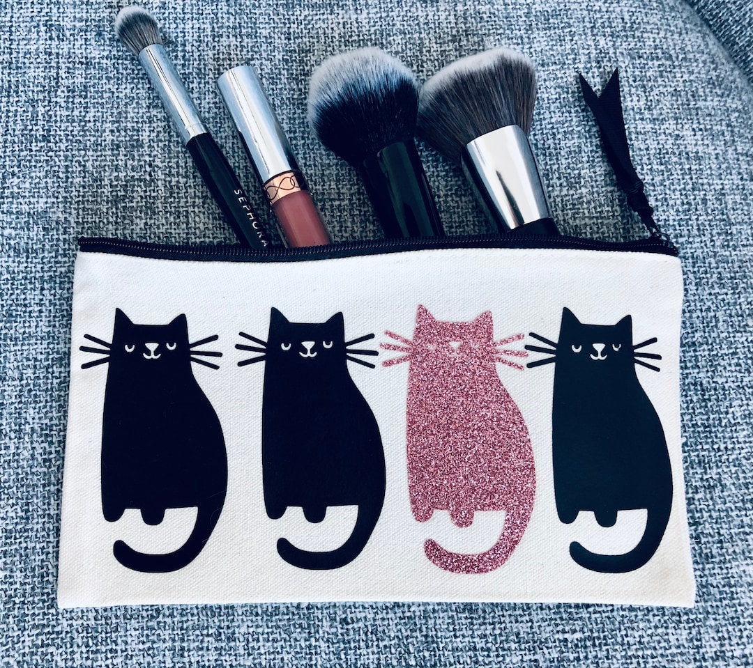 Cat Makeup Bag, Cat Cosmetic Bag, Glitter Cat Bag, Zippered Bag, Cat