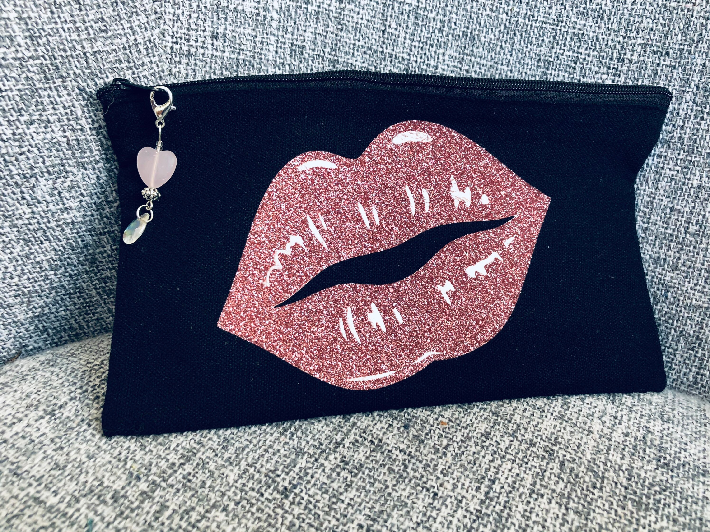 Kiss Makeup Bag/ Lip Cosmetic Bag zipper charm black canvas Etsy