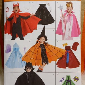 May include: Simplicity Halloween costume sewing pattern. The pattern includes instructions for making various children's costumes, such as a devil, bat, witch, and princess. The costumes feature capes, hats, and accessories. The pattern is designed and printed in the USA.