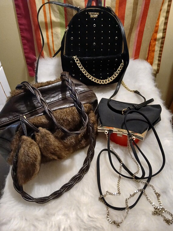 Designer Luxe Handbag Lot Victoria s Secret Mini Backpack Pritzi Faux Fur Pompoms Liz Claiborne Black Clutch Etsy UK
