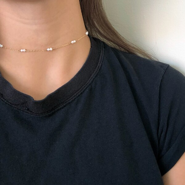 Dainty Pearl Choker minimal necklace dainty gold layering necklace for her pretty handmade bridal jewelry beach wedding