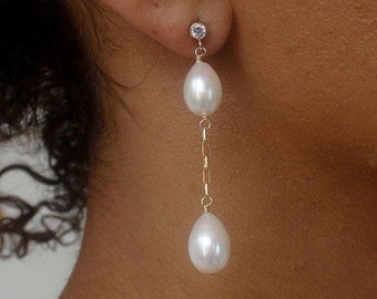 Simple Bridal Jewelry - Double Pearl Drop Earrings with Crystal Stud - 14k gold filled or sterling silver - Classic Bride - Weddings