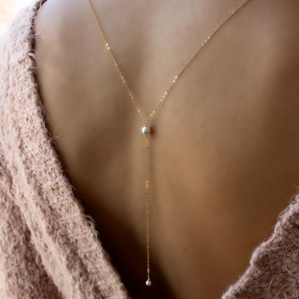 Back Necklace - Dainty Pearl Back Drop Necklace - Bridal Jewelry - modern bride - Simple Long Necklace - Tiny Pearl Necklace - Y-Necklace